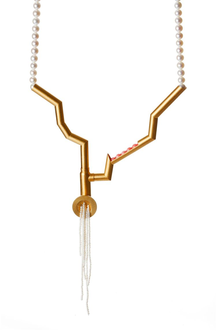 Annette Dam. FILTERED Necklace, 2010 14kt gold, gold plated silver, pearls, pink corals